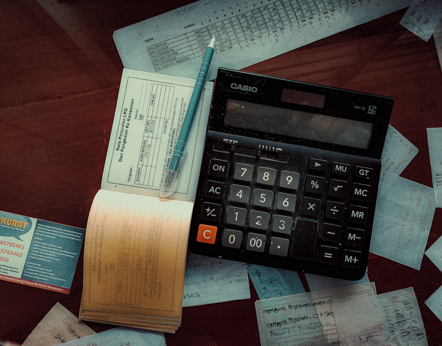 Calculator on a wooden desk surface