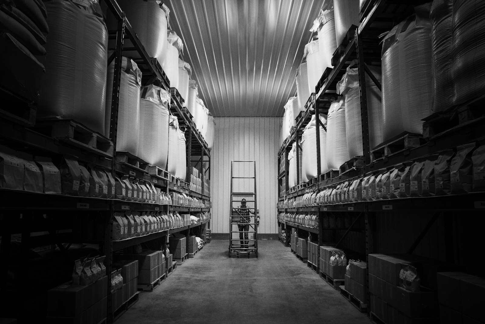 A warehouse filled with shelves of boxes