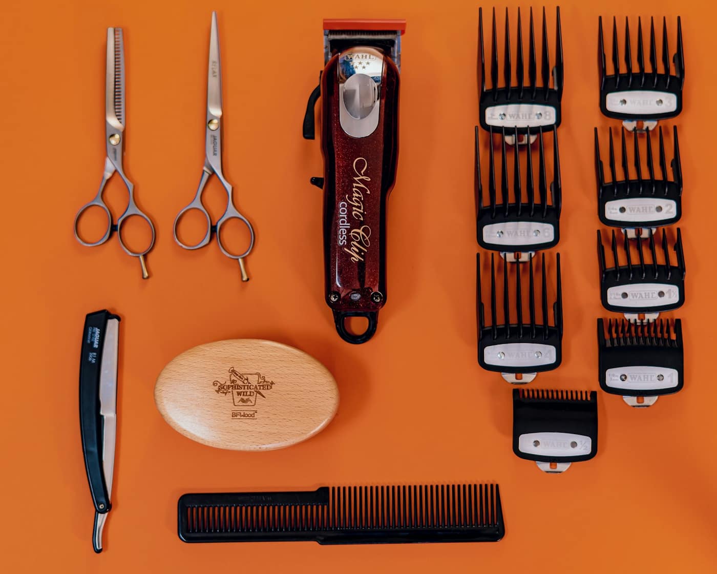 Grooming tools laid out on a table
